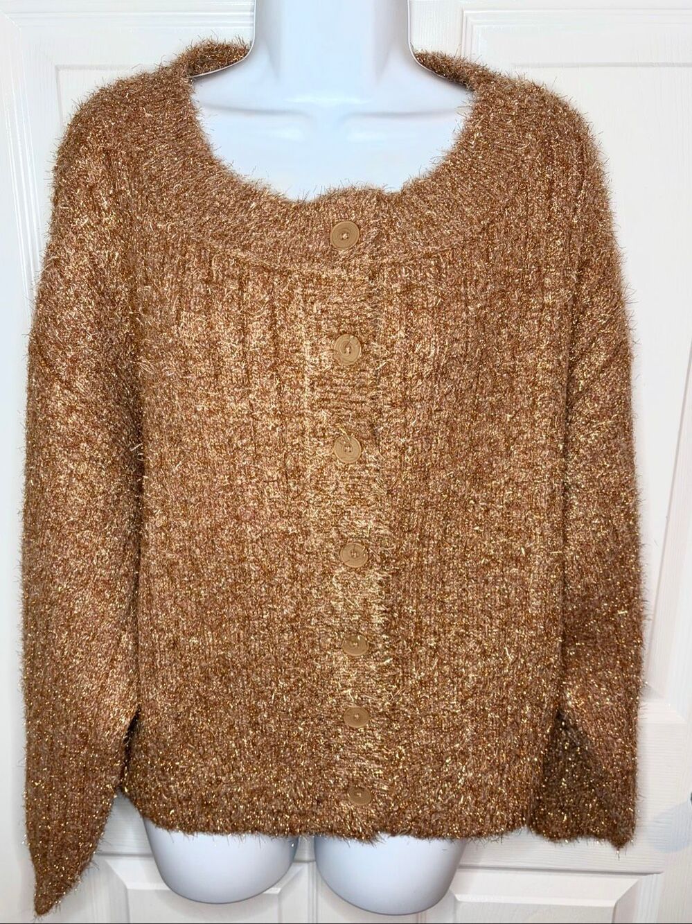Anthropologie Boat-Neck Tinsel Cardigan Sparkly Sweater Mink Blush M NWT - Picture 5 of 16